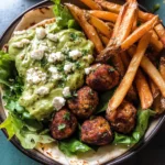 Chicken Meatball Pita Bowls with Seasoned Fries and Feta