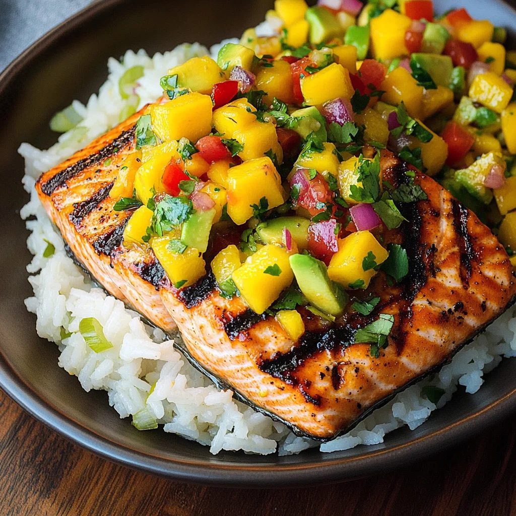 Grilled Salmon with Mango Salsa and Coconut Rice